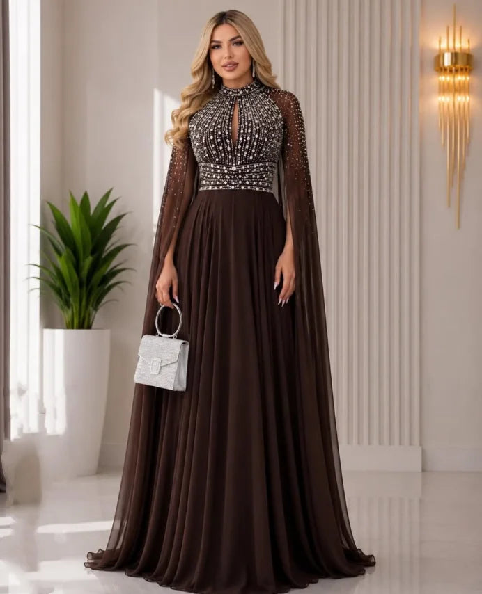 Champagne Maxi Mother of the Bride Dresses With Cape Beaded High Neck Pleated Modern Women Wedding Party Guest Gown Customized