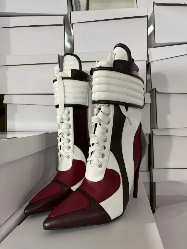 Women Pointed Toe Stiletto High Heel Ankle Boots Color Block Lace Up Fashion Party Club Punk Streetwear Booties