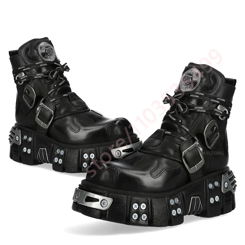 2025 Black Metal Studded Ankle Boots Punk Rock Party Motorcycle Style Lace-Up Casual Sporty Round Buckle Street Fashion