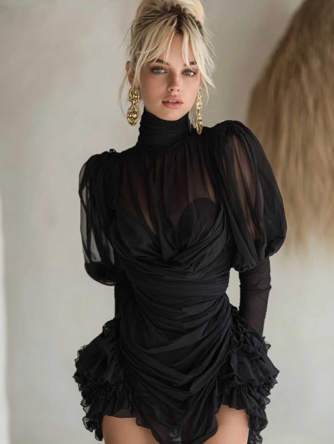 Elegant See Thru Mesh Mini Dress High‑Neck Long Sleeves Asymmetrical Ruffle Cocktail Dresses Fashion Pleats Tulle Party Gowns