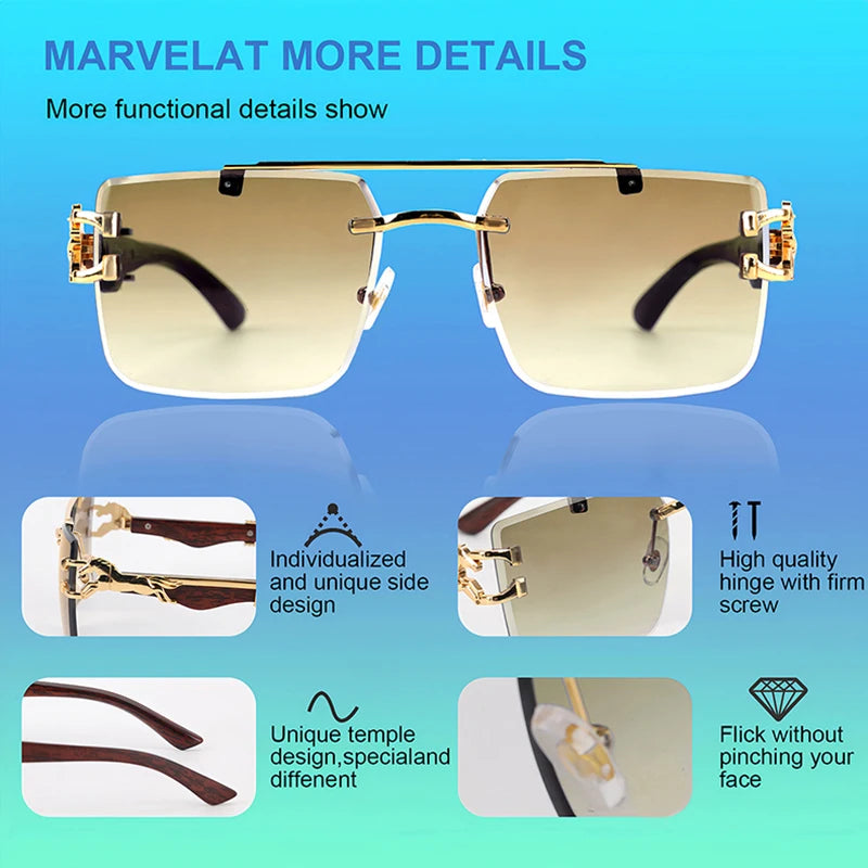wood Grain Sunglasses Women Trendy 2024 Rimless Sunglasses Men Vintage Designer Fashion Glasses Lentes De Sol Mujer...