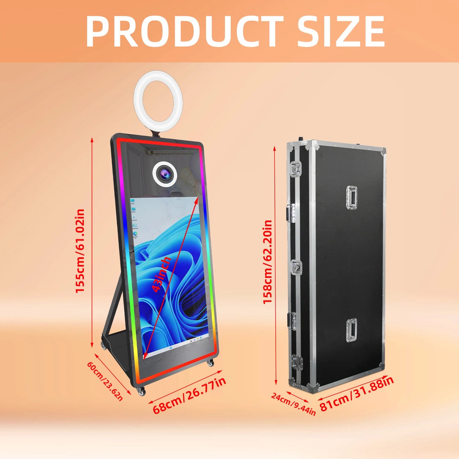 Portabl Magic Mirror Photo Booth 43 inch Touch Screen Camera photoBooth with LED and Flight Case Selfie for Wedding Party Events - Kimlud