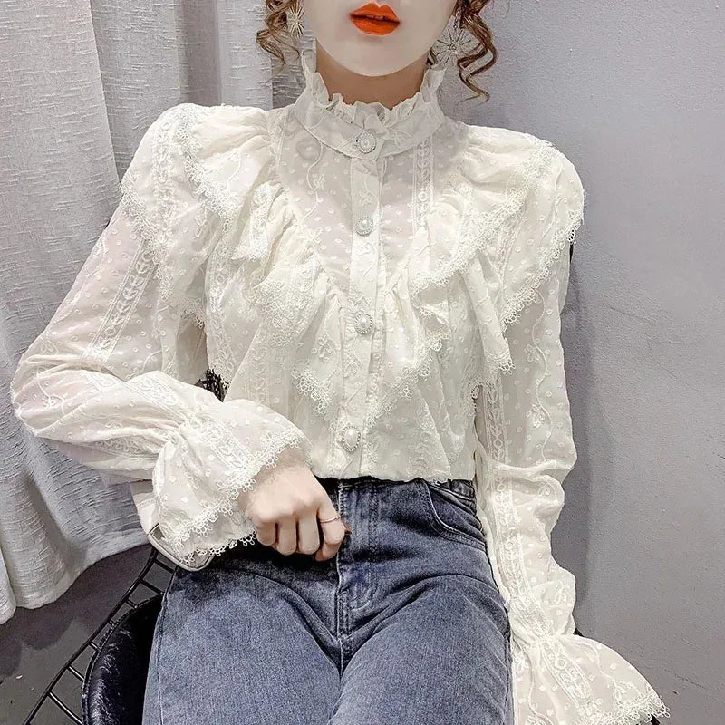 Long Sleeve Loose Spring Fashion Button White Shirt Elegant Stand Collar Pleated Tops Casual Ruffle Lace Blouse Blusas 15832 - Kimlud