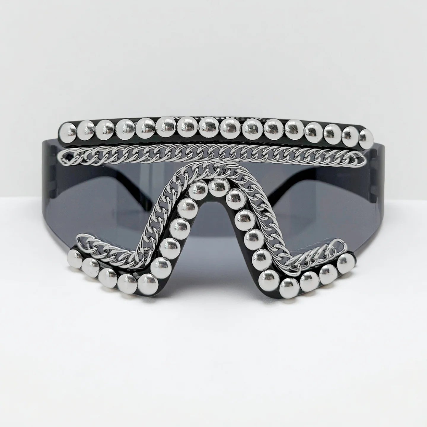 Punk Style One-piece Large Frame Sunglasses with Metal Chain Stud Women and Men Treny Exaggertated Unique Sun Glasses...