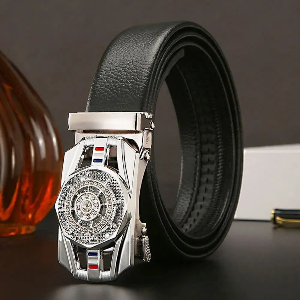 Men Business Time To Run Belt Man Automatic Buckle Leather Belt Golden Waist Buckle Males Luxury Belt Rhinestone...