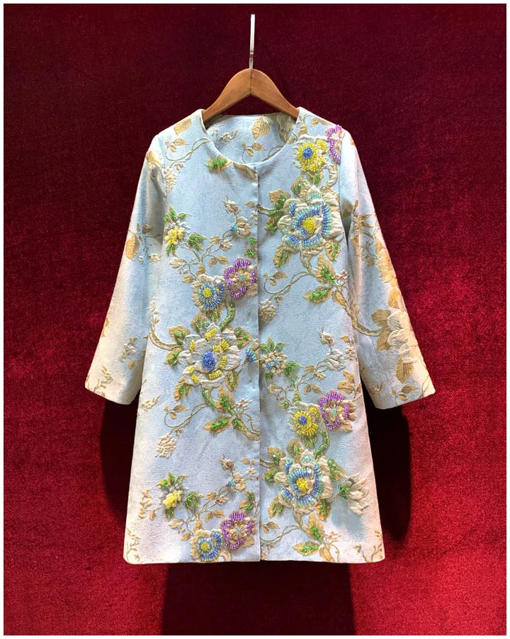 Luxury Lady Vintage Autumn Embroidery Jacket Women Floral Beading Long Coat Covered Button Outwear Trench O-neck