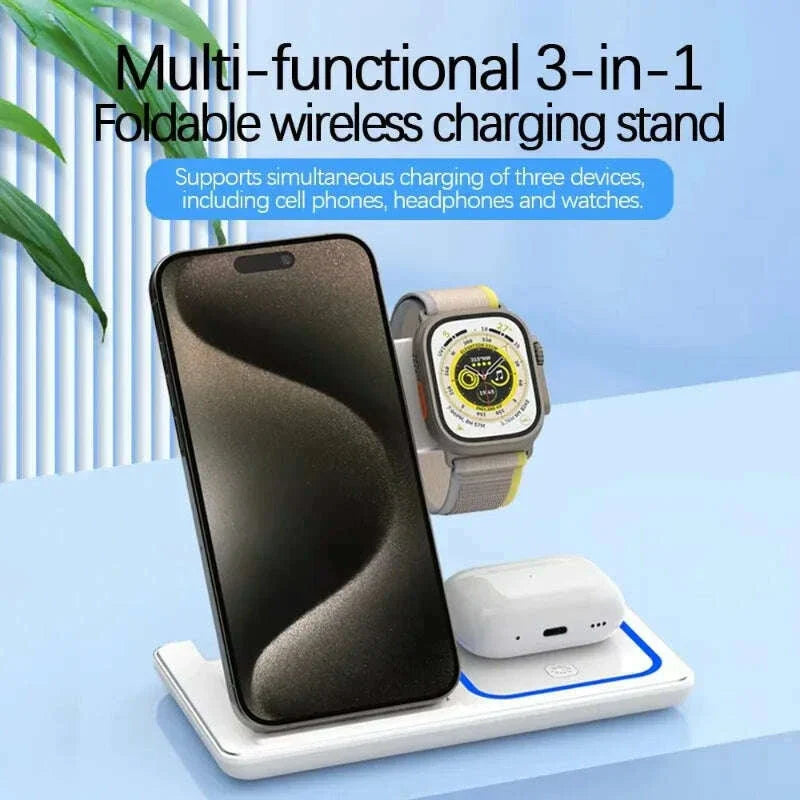 LED Fast Wireless Charger Stand 3 in 1 Foldable Charging Station For iPhone 15 14 13 12 11 Apple Watch 9 8 7 6 5 Airpods Pro