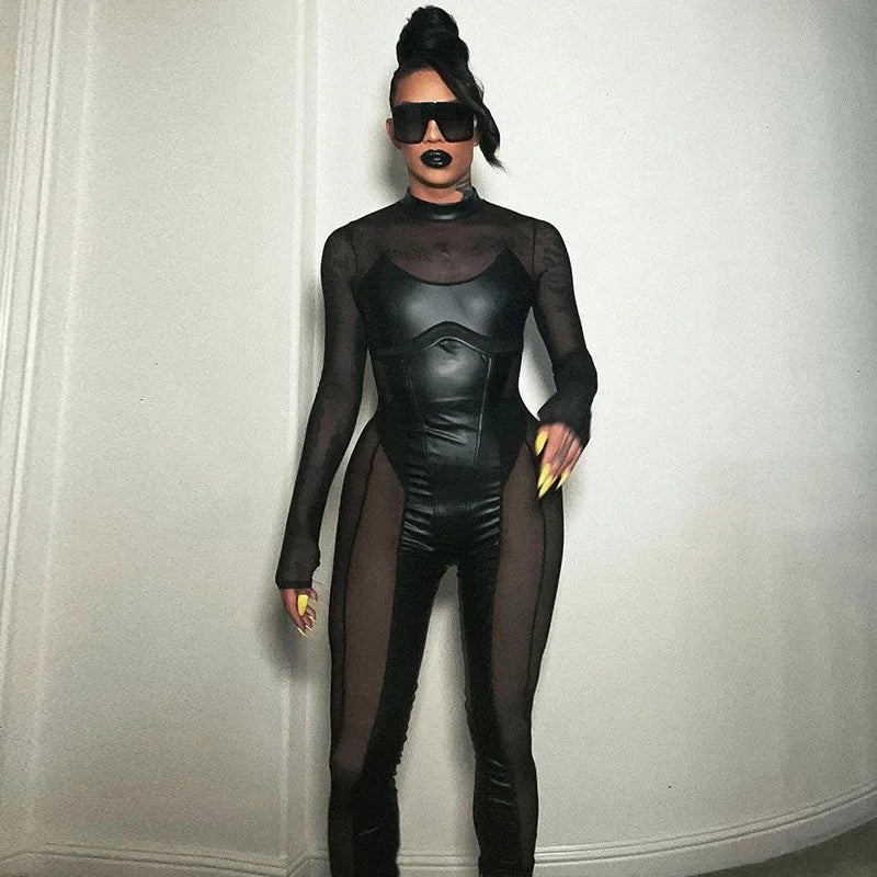 Cat Woman Agents Combat Uniform Black Punk Tight Jumpsuit Cosplay Movie Game Virtual World Alien Robot Mesh Hollow Bodysuit New