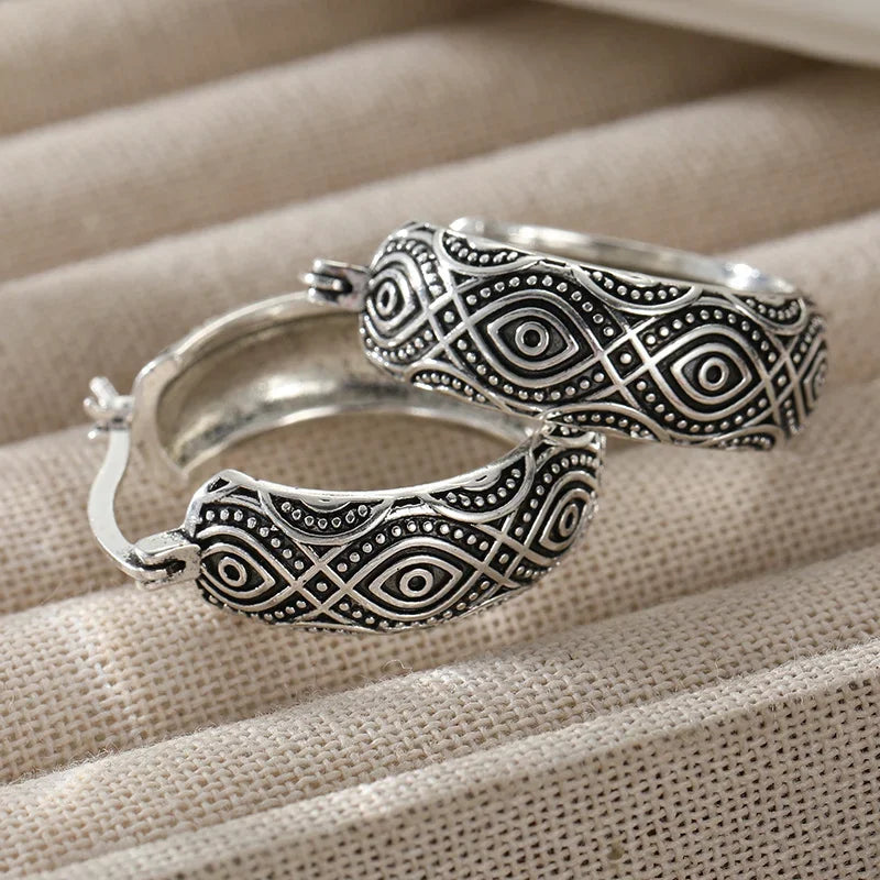 Exotic Style Carving Pattern Hoop Earrings Classic Silver Plated Bohemian Style Women's Earrings Fashion Jewelry...