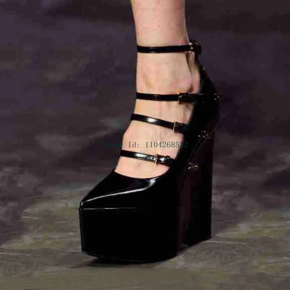 Platform Thick Heel Bucke Strap Pumps Sexy Pointed Toe Patent Leather New Arrivlas Fashion Women Modern Runway Shoes