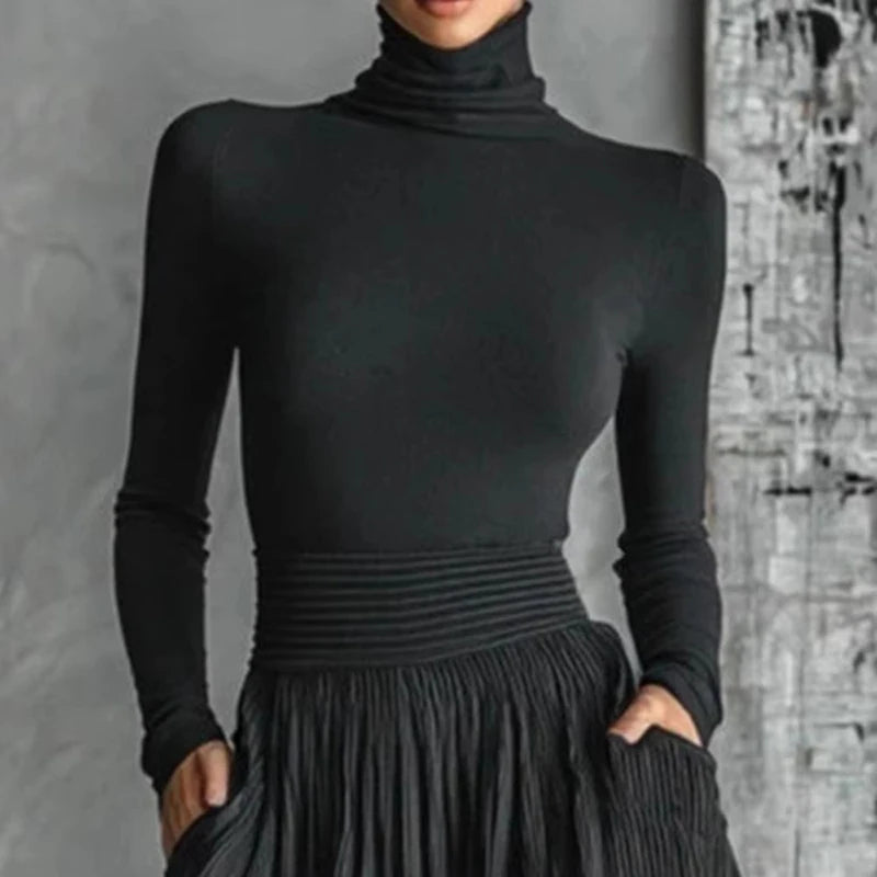 France Elegant Two Piece Skirt Set for Women's Pockets Solid Minimalist Split Hem Pleated A Line Vintage Turtleneck Slim...