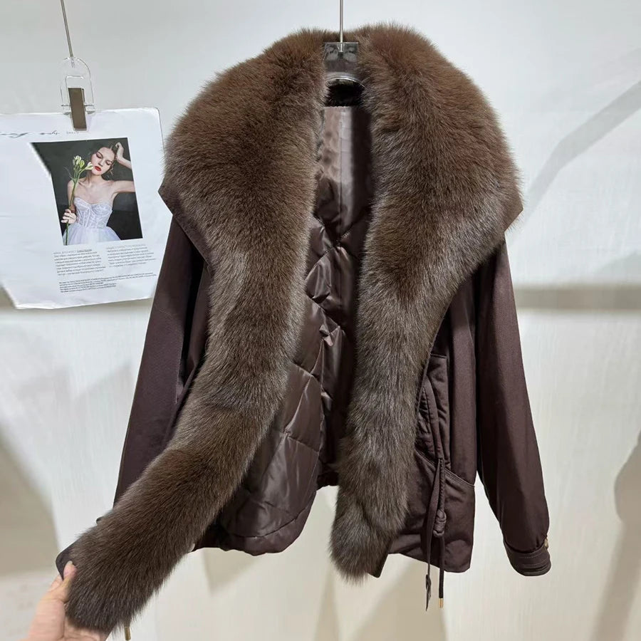 Women's Winter Down Jacket With Shawl Collar Short Real Fox Fur Puffer Jacket Genuine Fox Fur Coat Fashion Furry Jacket - Kimlud