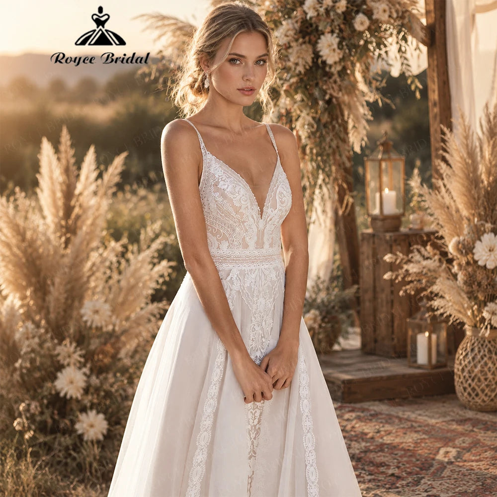 RoyceBridal A Line Wedding Dress V Neck Lace Applique Low Back Tulle Sweep Train Bridal Gown Vestido De Novia Customized - Kimlud