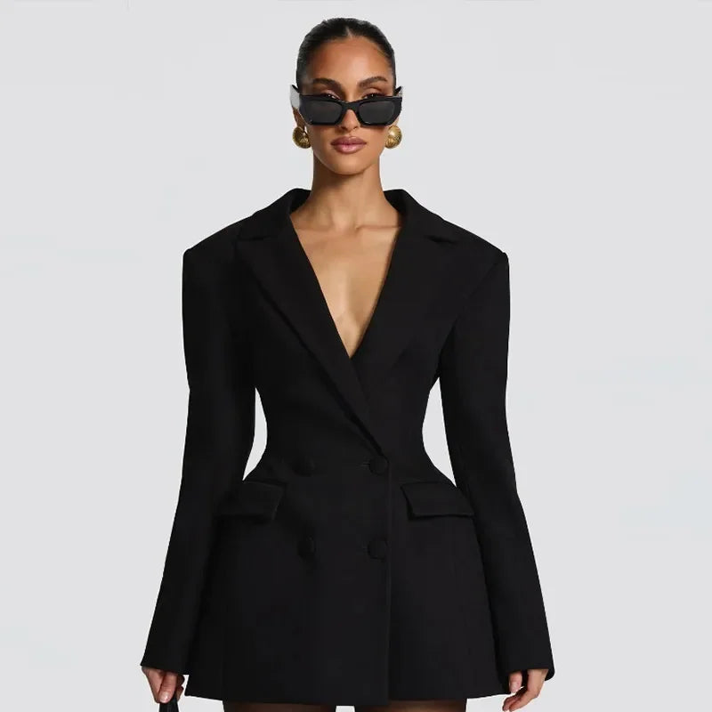 Solid Waist Cinching Blazer Dress Women Chic Long Sleeves Lapel V-neck Double Breasted Slim Short Dresses Lady Daily Street Gown