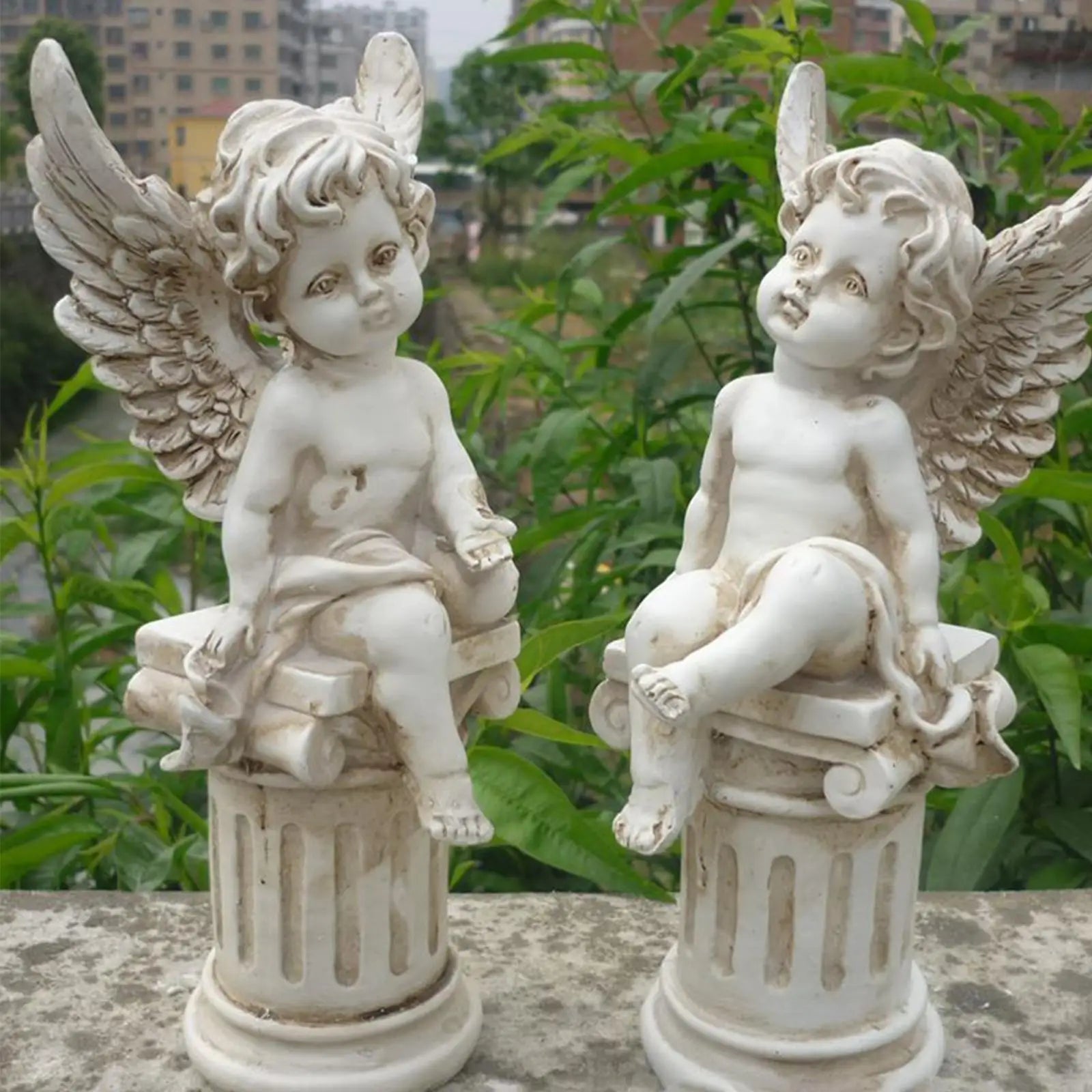 2 Cherub Statues Roman Pillar Decorative Photo Props Garden Figurines Sculptures for Outdoor Landscaping Fountain Porch Patio
