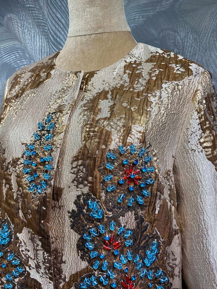 DLDENGHAN Beading Jacquard Coat For Women O-Neck 4/3 Sleeved Pockets Concealed Button Street Style Outerwear Autumn Female