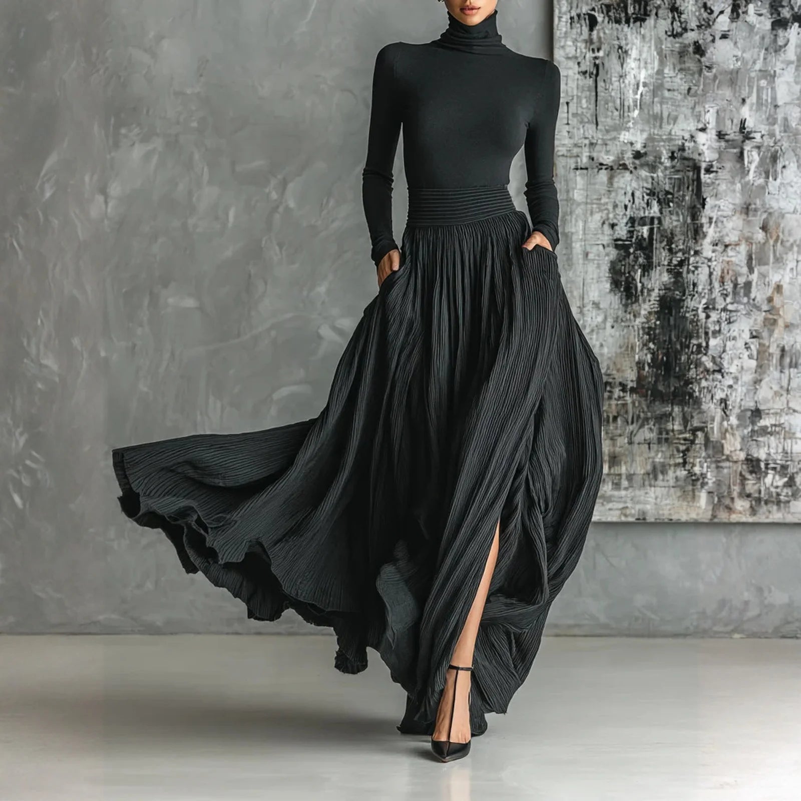 French Retro Elegant Light Luxury Slim-fit Dress for Women Turtleneck Long Sleeve Long Dresses Flowy Dress with a Large Skirt - Kimlud