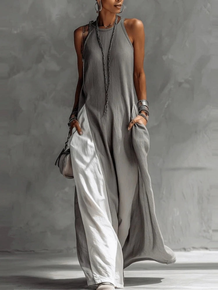 Women Strappy Maxi Dress A-line Vest Type Color Block Summer Beach Dress Loose Casual Halter Neck Pocket Side Split Long Dresses - Kimlud