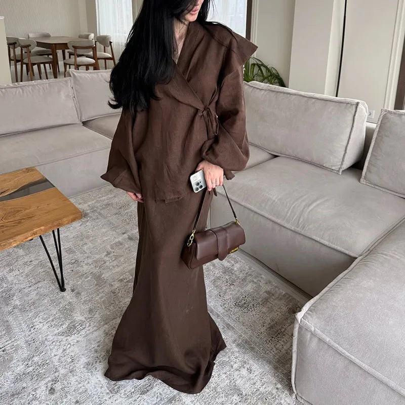 Fashion Draped Hight Waist Suits Elegant V-neck Lace-Up Tops with Long Skirt Set Women Casual Long Sleeve Solid 2 Piece Outfits