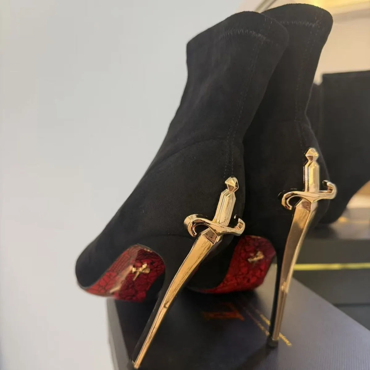 Elegant Short Boots High Boots Velvet Surface Red Bottom High Heels Ladies Fashion Metal Staff Boots Winter Youth Spring