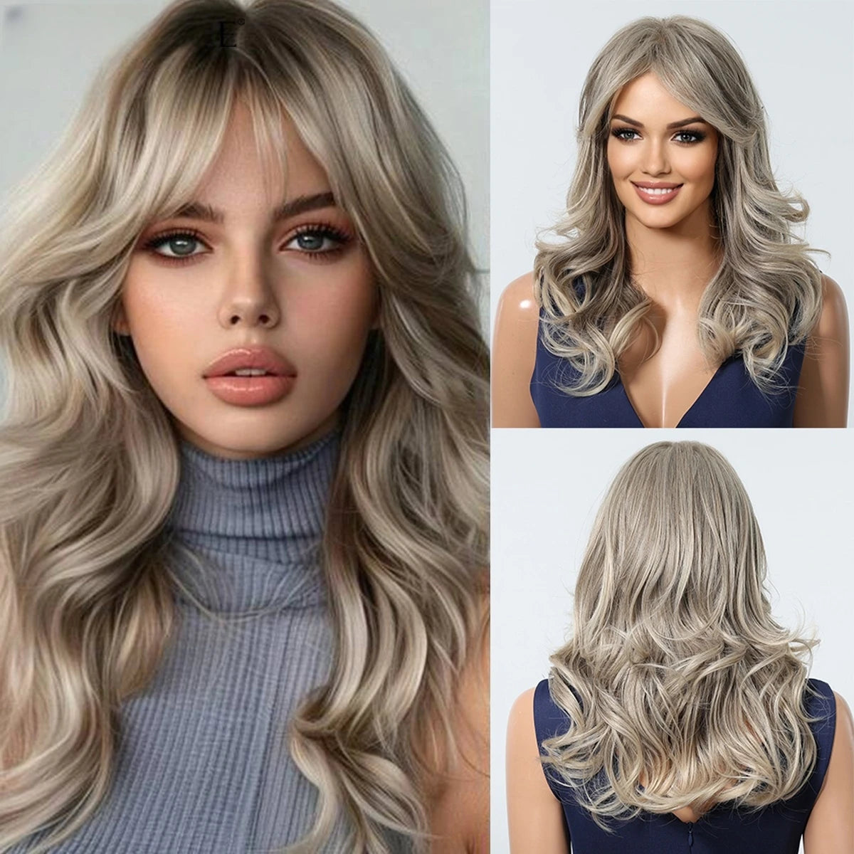 Golden Blonde Mixed Synthetic Wig Dark Root Wavy Hair With Side Bangs for Women Daily Party Cosplay wig Heat Resistant Fiber