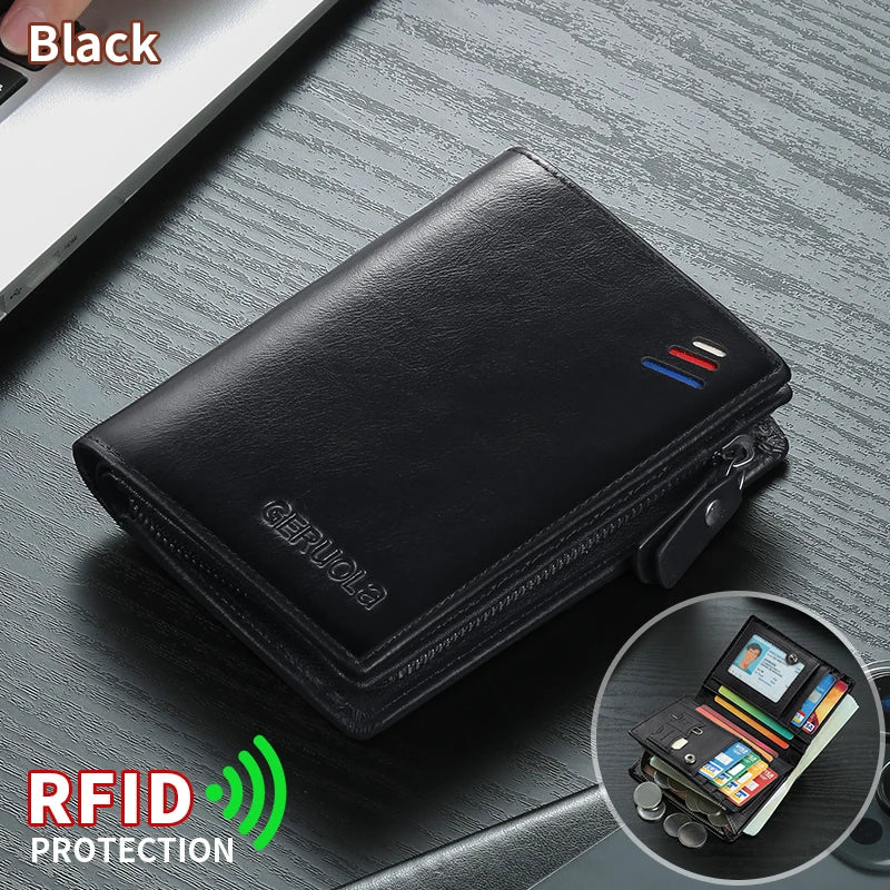 Men’s genuine leather wallet with zipped coin pocket, top-grain cowhide RFID-protected credit card holder | Kimlud Mid...