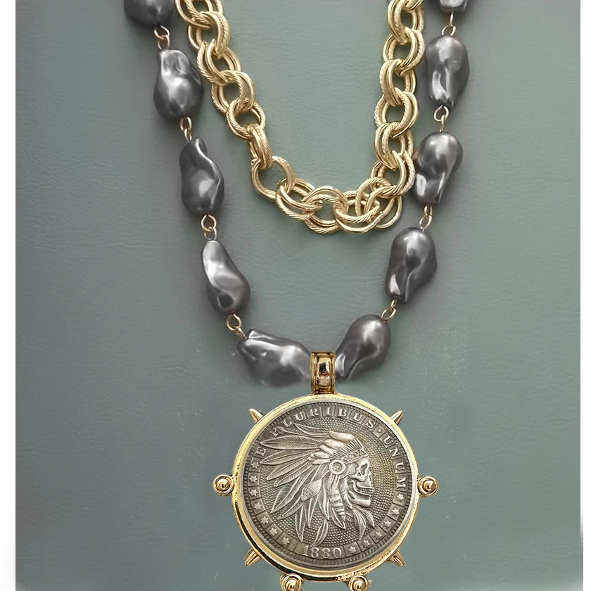 2025 chunky layer Jewelry Luxurious imitation grey pearl exaggerate coin charm pendant Clasps Carabiner Necklace...