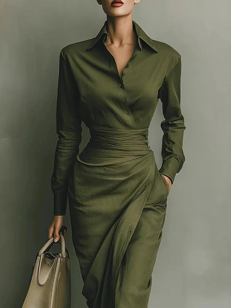 Elegant Asymmetrical Lapel Women's Midi Dress Green Ruched Long Sleeve Slim Pocket Temperament Fall British Office Lady Dresses