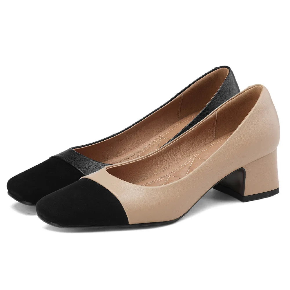 danxuefei plus size 34-42 women's genuine leather square toe slip-on pumps OL style elegant ladies 5cm thick low heel shoes sale - Kimlud