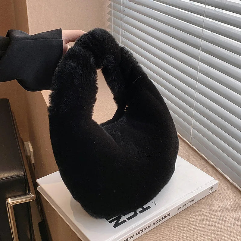 Solid Color Plush Dumpling Bag Handbag Niche Design Small Phone Bag Korean Style Tote Bag Faux Rabbit Fur Handbag Women