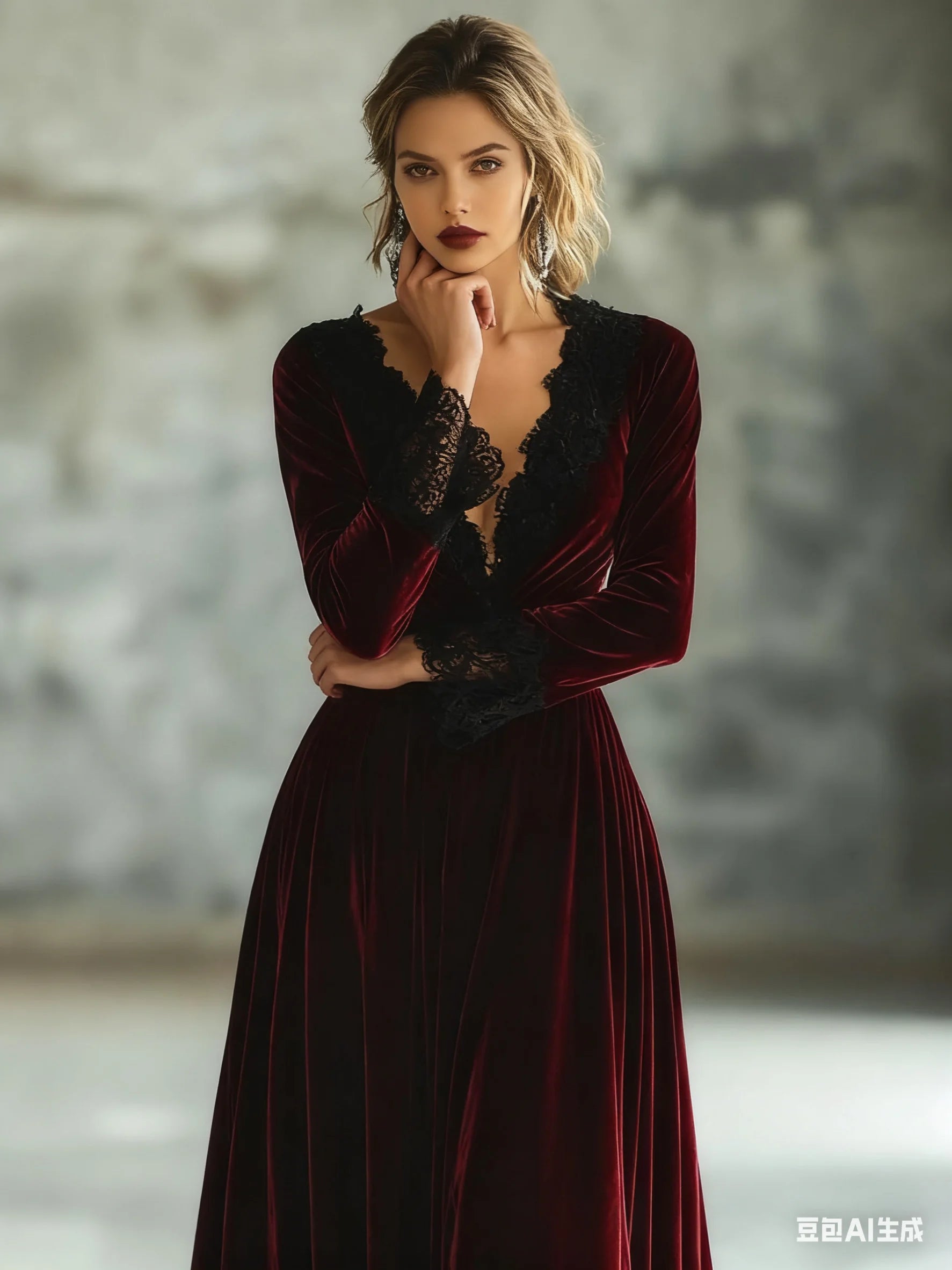 Autumn Women Dress Vintage Pleated V Neck Long Sleeve Velvet Lady Maxi Dress Solid Color Lace Stitching Slim Fit Female Dresses