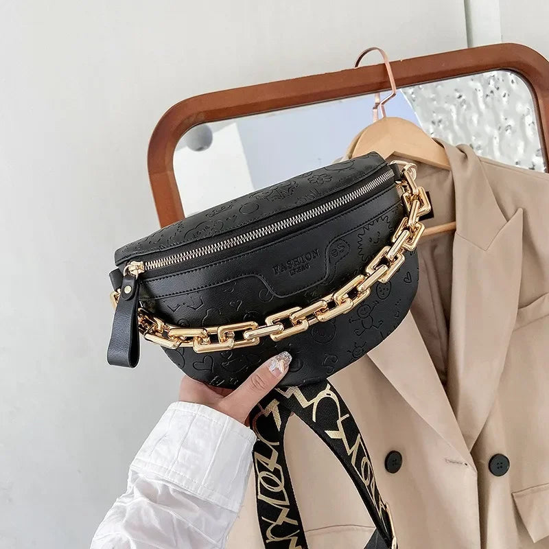 Cartoon Pattern empaistic PU Leather Fanny Pack For Women Luxury Chain Waist Bag Female Cute Waist Pack Wide Strap Crossbody Bag