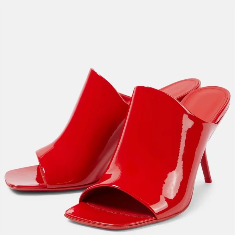 2025 New Style Women's High Heels Shoes Patent leather Pointed Toe Solid Color Night Club Party Shoes Femme Summer Half Slippers