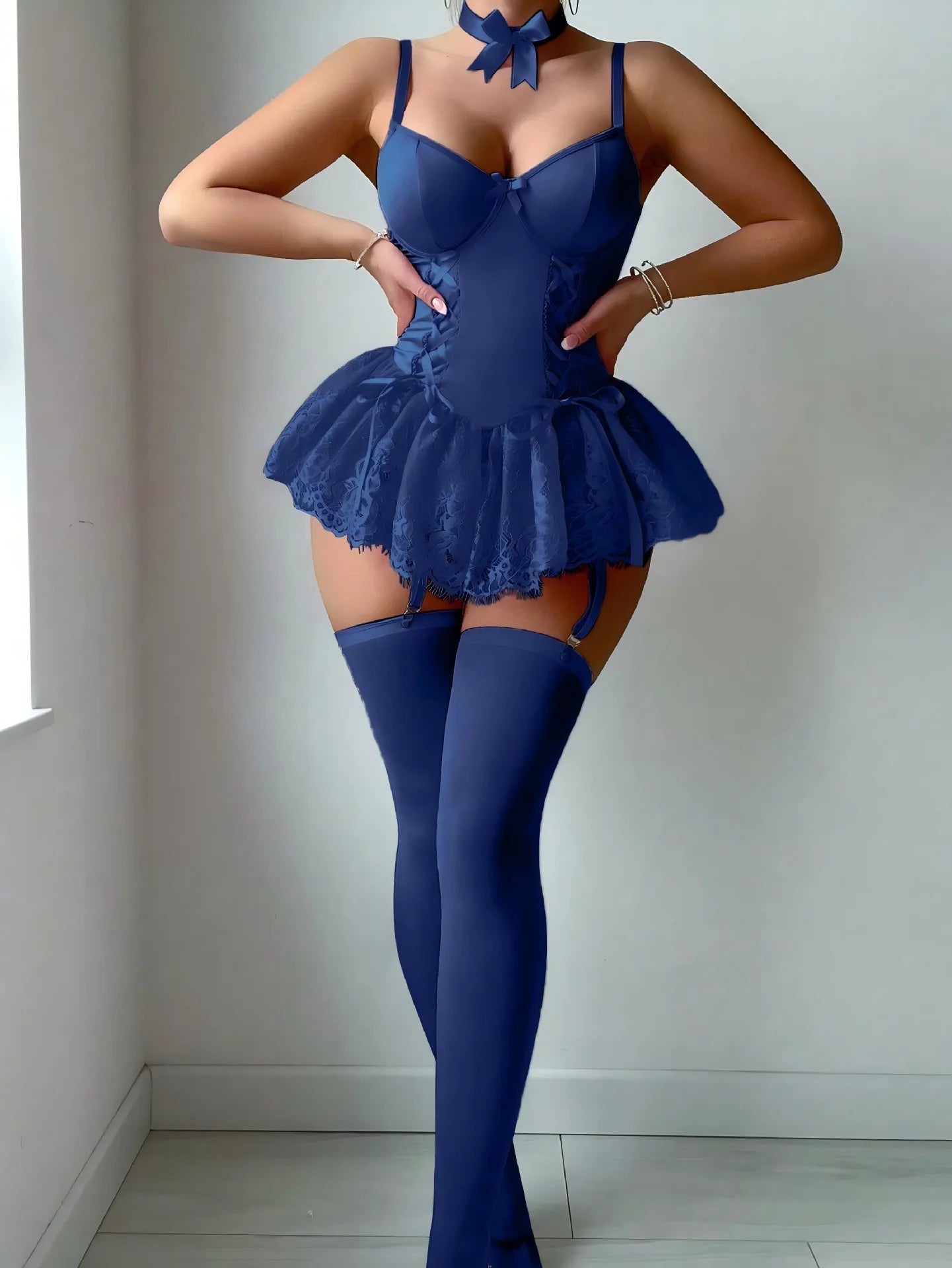 Ellolace Fancy Sexy Female Lingerie Romantic Mini Corset Dress Thong 2PC Set with Choker Stockings Coquette Splicing Bowknot Kit