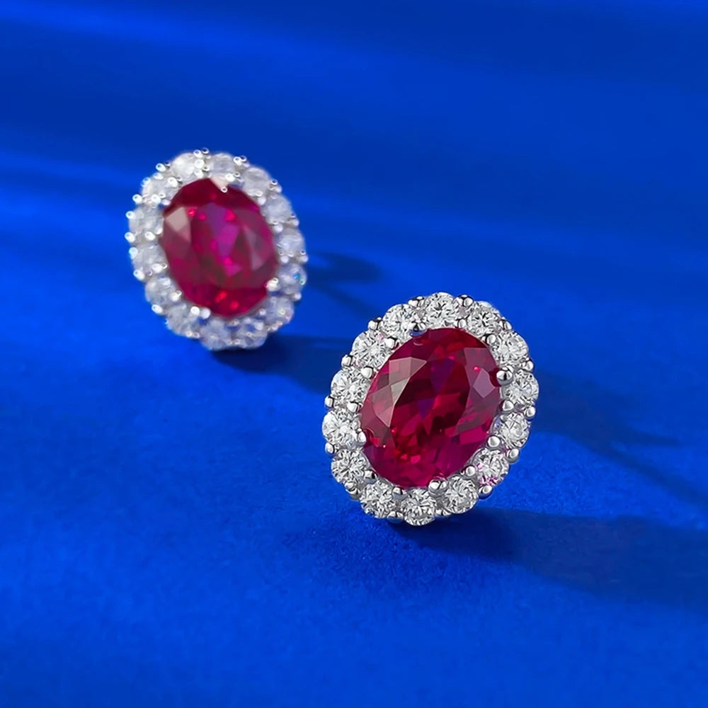 Wong Rain Vintage 100% 925 Sterling Silver Oval Cut 6*8 MM Ruby Sapphire High Carbon Diamond Gemstone Ear Studs Earrings...