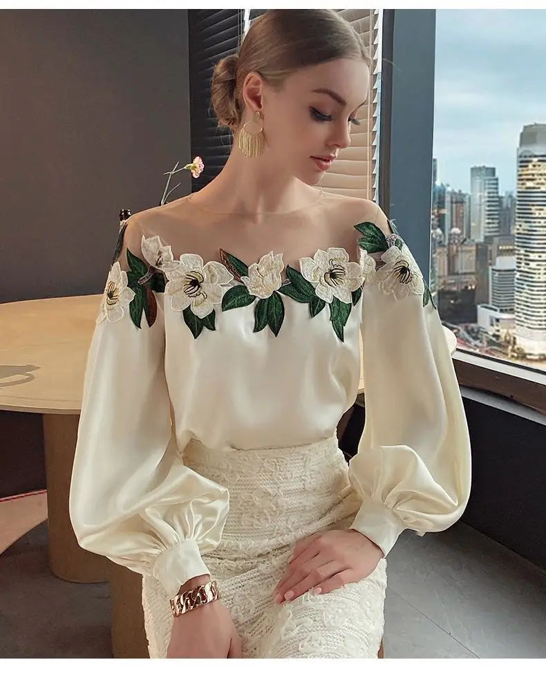 Vintage Embroidered Shirt Elegant Mesh Patchwork Satin Blouse O-neck Tops Spring Autumn Long Lantern Sleeve Women Clothes 24976