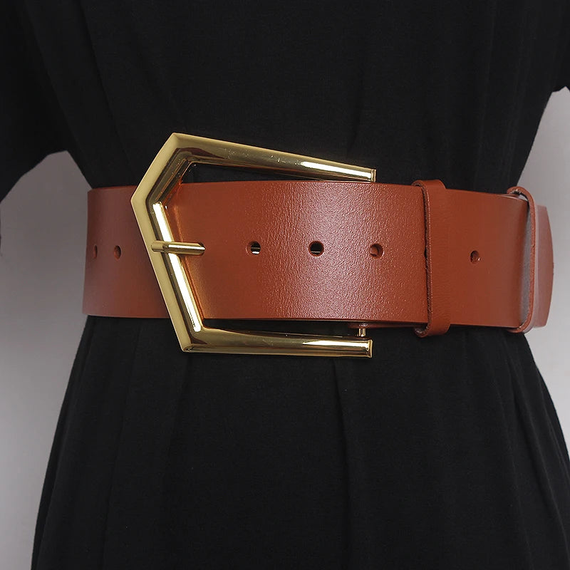 Women's Runway Fashion Gold Buckle Genuine Leather Cummerbunds Female Dress Corsets Waistband Belts Decoration Wide Belt R1108