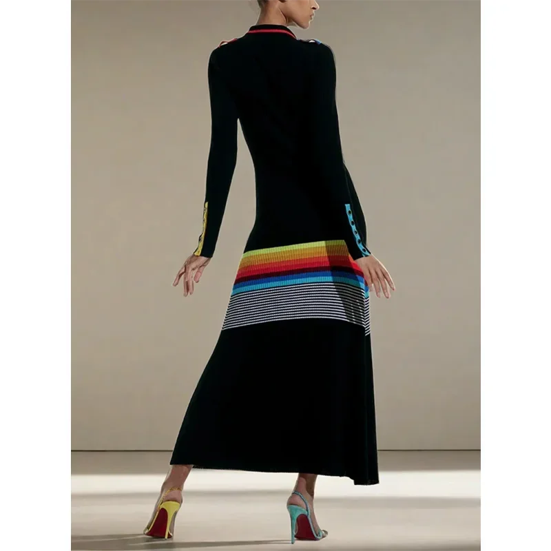 Freeacy Women's Colorful Striped Skinny Dress Lapel Neck Long Sleeves Single-breasted Ankle-Length Dress Autumn Women's Clothing