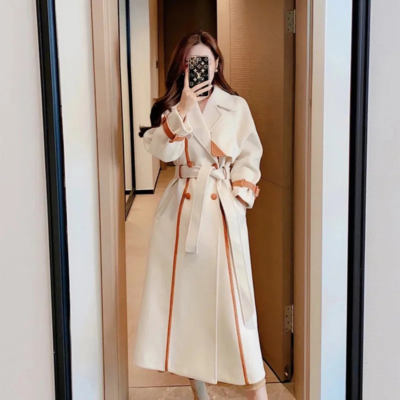 With belt Woolen Coat For women 2024 New Autumn Winter Fashion Slim Temperament Lapel Color blocked Thicken Wool Overcoat Female
