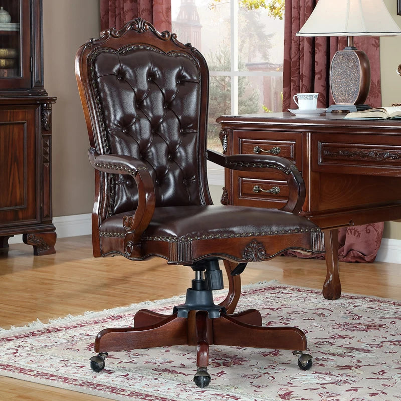 12American Genuine Leather Retro Carved Solid Wood Swivel Chair Office Chair Lift | Kimlud Vintage Luxury Home