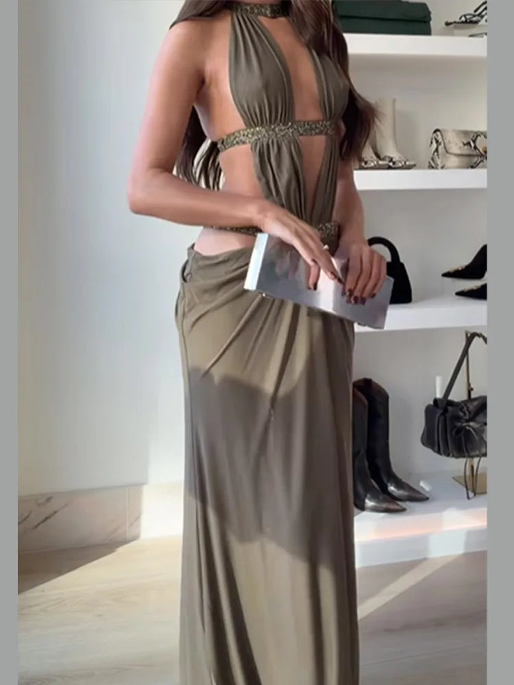 Fashion Hollow Out Maxi Dress Women's Chic U-neck Long Sleeve Solid High Waist Slim Dresses 2025 Lady Sexy Party Vacation Gown