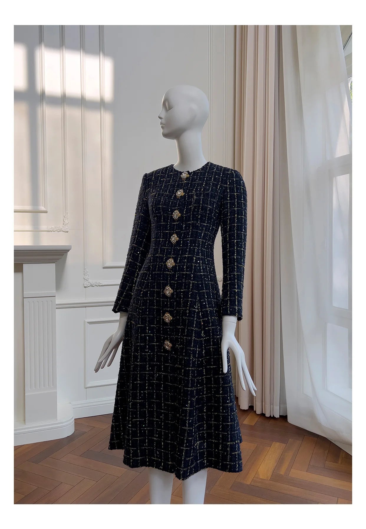 IEQJ Fashion Autumn Winter Evening Dress Women O-Neck Long Sleeves Single-breasted Zipper Cotton Tweed Umbrella Dresses New