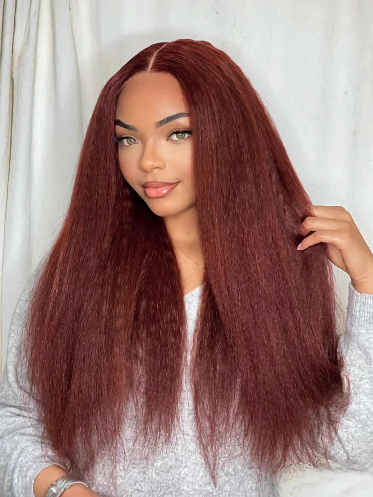 13X4 Reddish Brown Kinky Straight Lace Frontal Wig Human Hair Auburn Copper Yaki Straight 4x4 Transparent Lace Closure...