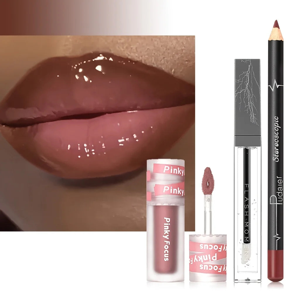 3PCS Shimmer Moisturizing Lip Gloss - Lip Liner and Lip Mud and Oil, Non-Sticky,Glitter, Nourishing Glossy Moisturizing Lipstick - Kimlud