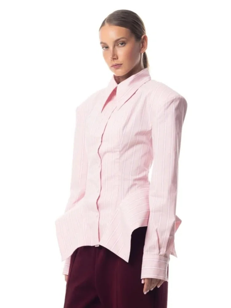 Women's Collar Striped Shirt with Asymmetrical Hem and Waist Cinching 2026 Spring summer Fashionable Casual Office...