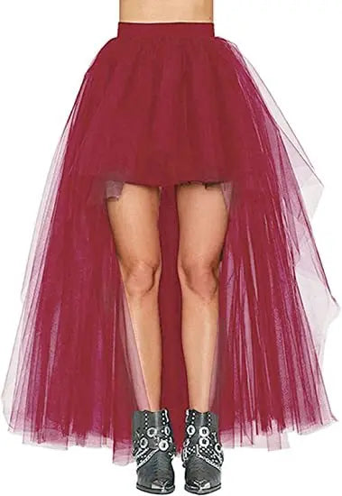 MisShow Hi-Lo Gothic Punk Tutu Skirt Soft Tulle Elastic Waist High Low Mesh Net Halloween Cosplay Costume Maxi Women Dress