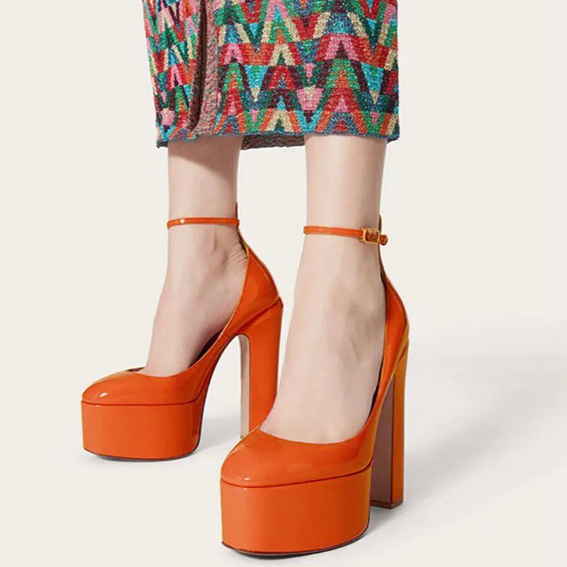 Women New European And American Style Super High Heels Patent Leather Round Toe Thick Sole Large Size Thick Heel Shoes