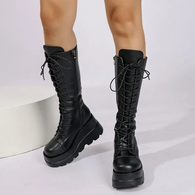 Women's Large Size 35-43 Boots New Round Toe Wedge Lace Thick Sole Zipper Mid-Tube Boots Hot Girl Style High-Enhanced Shoes