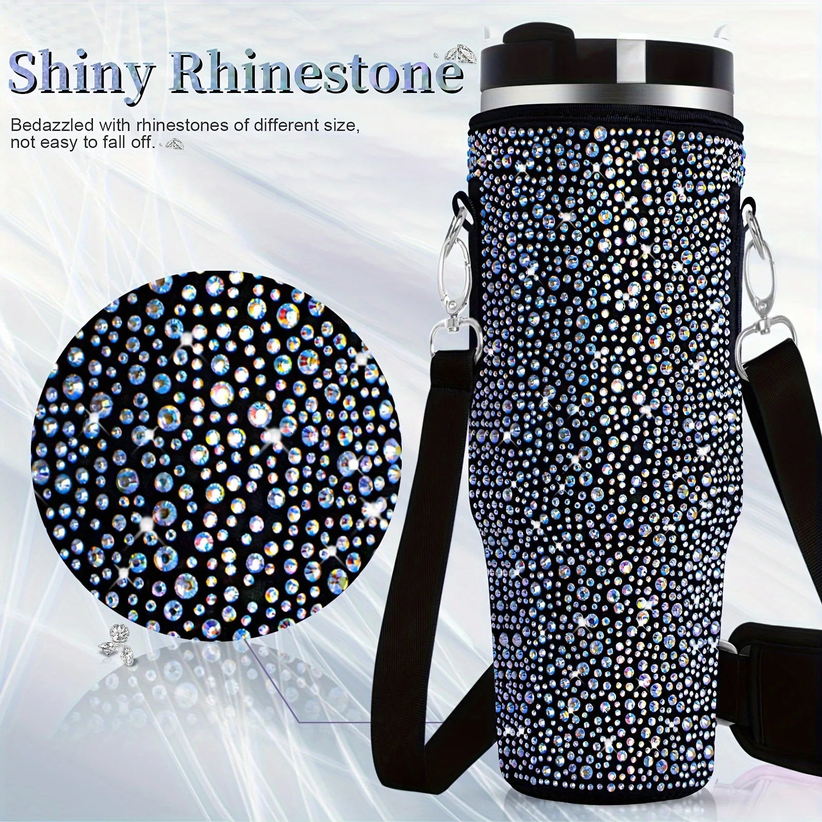40oz bling shiny rhinestone Water Bottle Bag protecting case For Stanley Quencher Cup Sleeve Strap Pouch