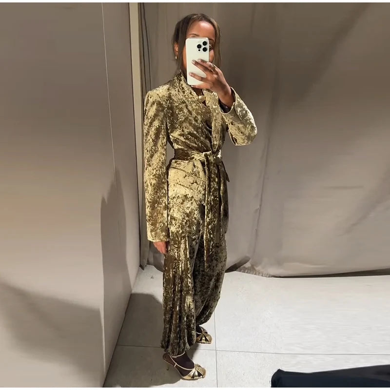 Fashion Velvet Print Lapel Belt Suit Pant Set Women Solid Lace Up Full Sleeve Blazer Wide Leg Cuffed Pants 2025 Autumn Lady Sets